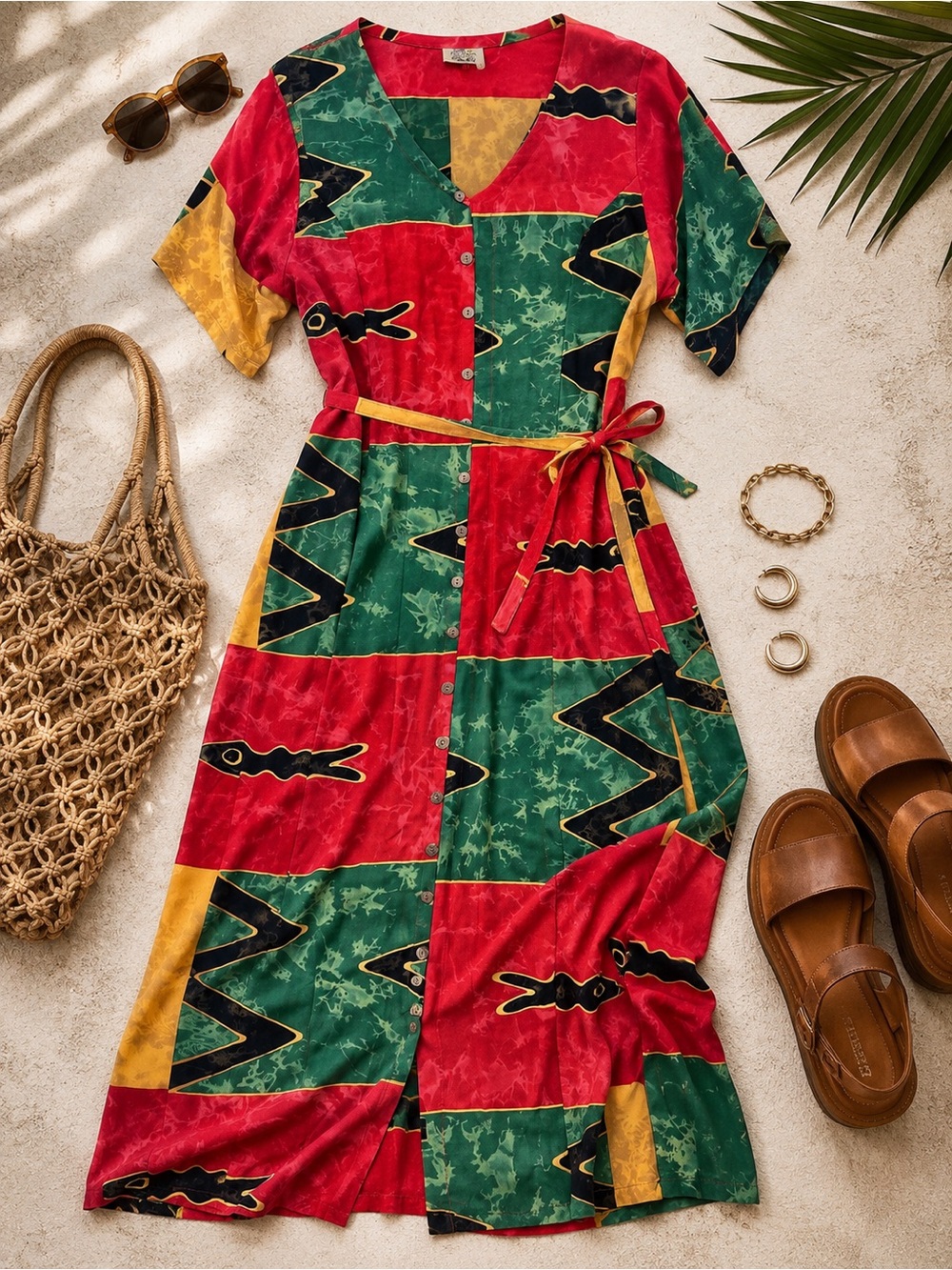 Vintage 90s Abstract Colorblock Button Front Maxi Dress